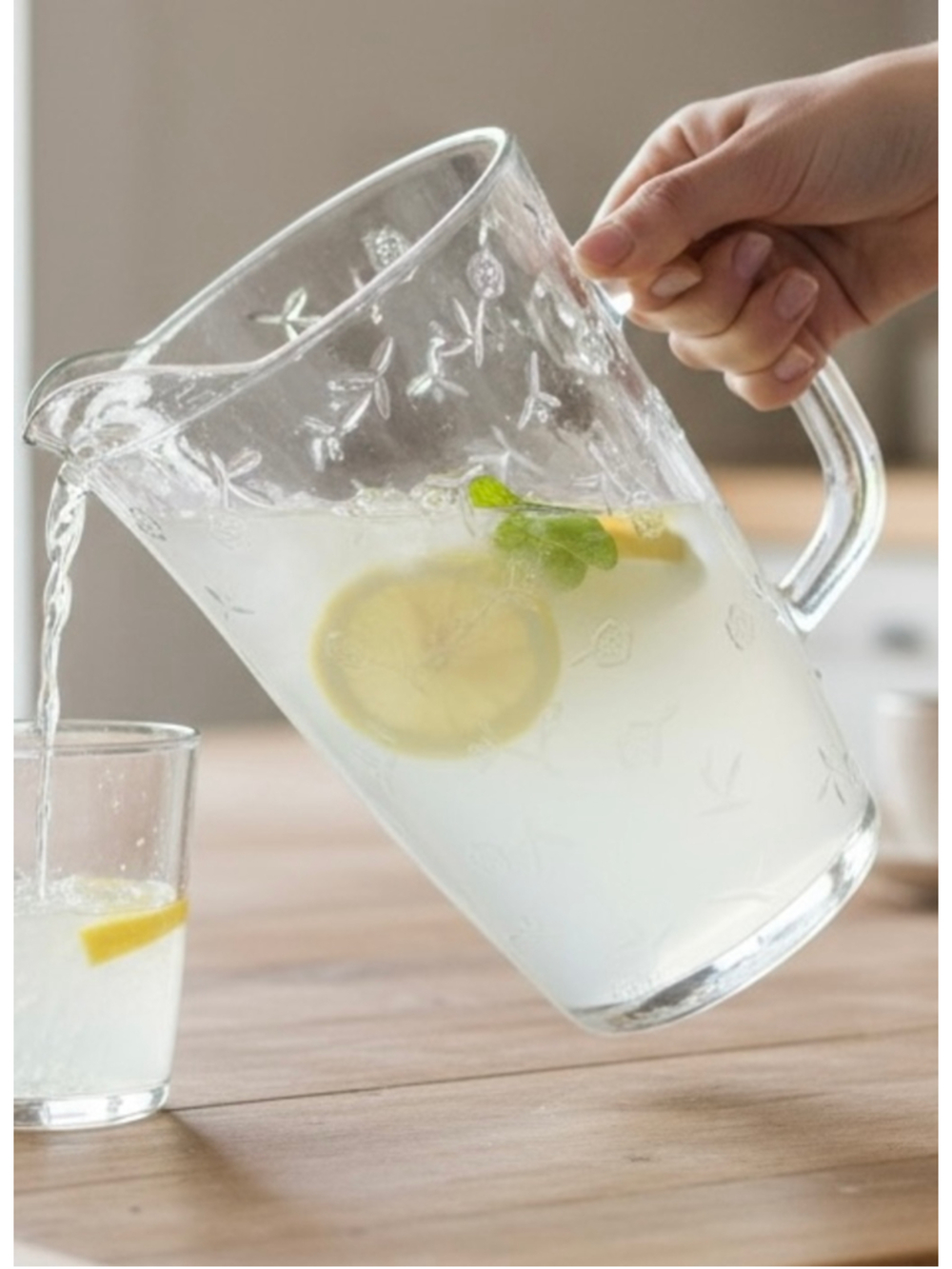 Vintage Anchor Hocking Clear Glass Flower Print Pattern Heavy Water Pitcher